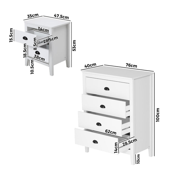 Sannero Hampton Style 4 Chest Of Drawers 2 Bedsides Bedroom Package | Traditional White Storage Cabinets