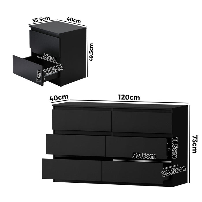 Essenza Black Modern 6 Chest Of Drawers 2 Bedsides Bedroom Package | Elegant Wooden Fingerpull Storage Cabinet Set