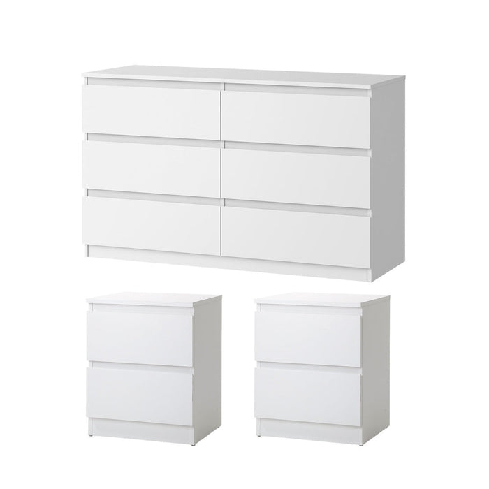 Essenza White Modern 6 Chest Of Drawers 2 Bedsides Bedroom Package | Elegant Wooden Fingerpull Storage Cabinet Set