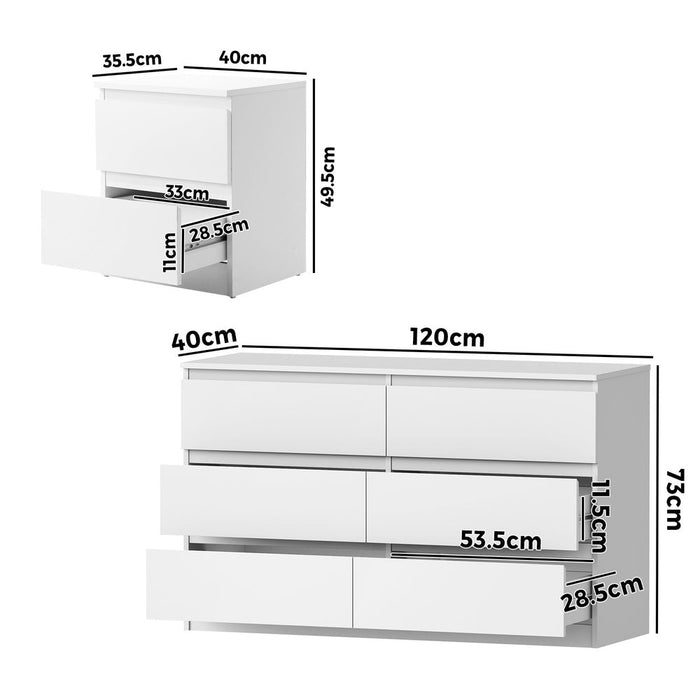Essenza White Modern 6 Chest Of Drawers 2 Bedsides Bedroom Package | Elegant Wooden Fingerpull Storage Cabinet Set