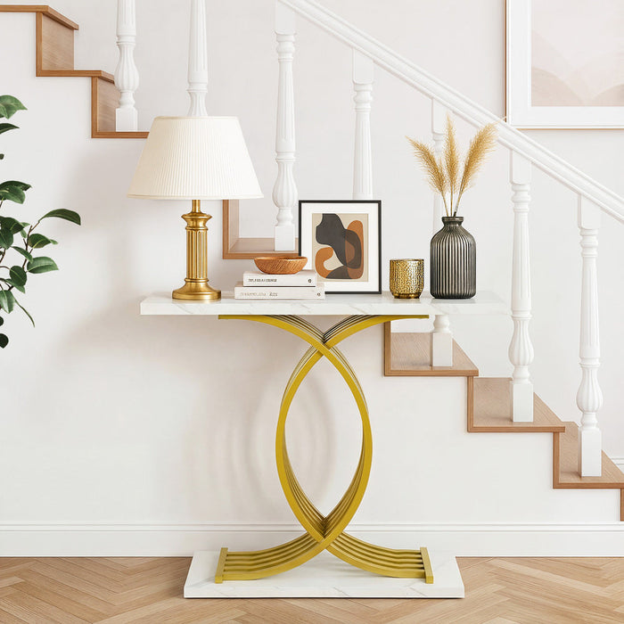 Santori Marble Effect Top Console Table | 80cm High White and Gold Hallway Entry Table