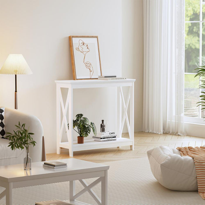 Sorrento White Modern Entry Console Table | Modern Wooden Hallway Table and Storage Shelves