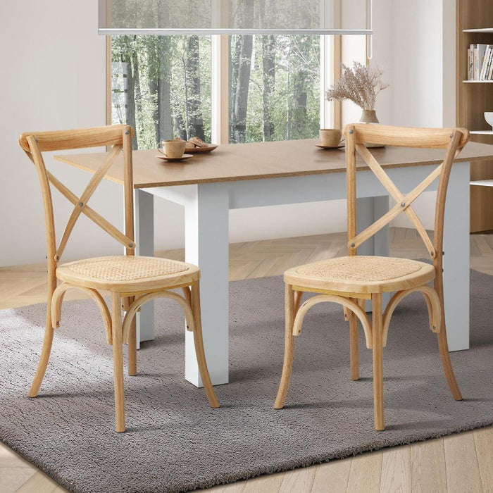 Set of Two Aris Vintage Wooden Rattan Crossback Dining Chairs | Stylish Retro Wooden Kitchen Dining Chairs