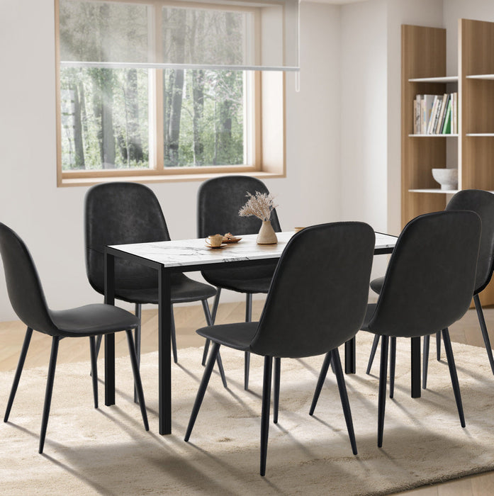 Astana 7 Piece Slimline Black and Marble Style Dining Set | Premium PU Leather Dining Chairs and 140cm Table Set