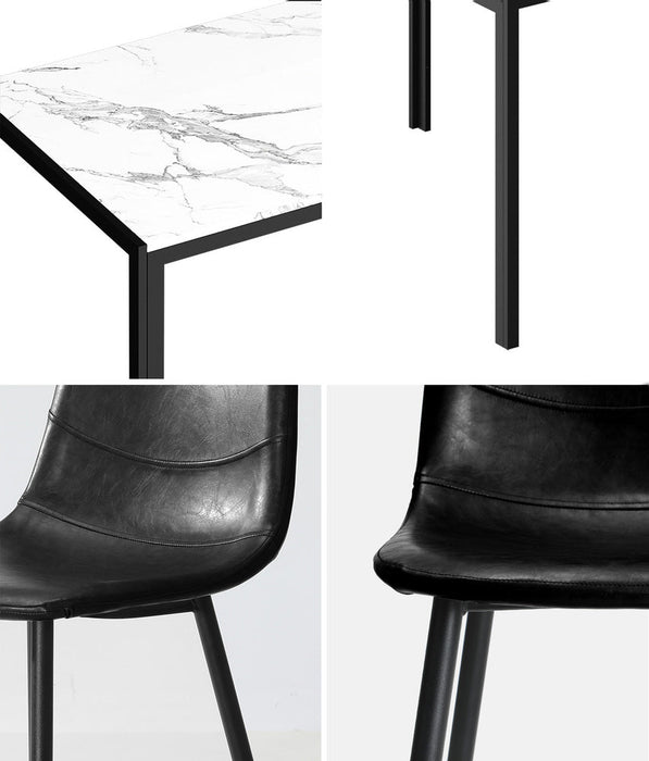 Astana 7 Piece Slimline Black and Marble Style Dining Set | Premium PU Leather Dining Chairs and 140cm Table Set