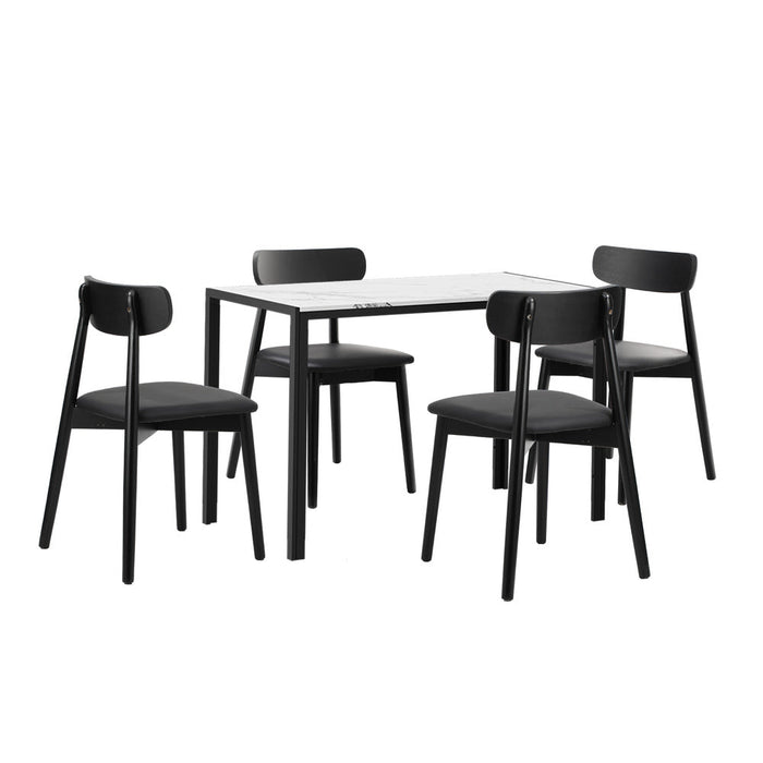 Kiara 5 Piece Slimline Retro Marble Style Dining Set | Premium PU Leather Dining Chairs and 120cm Table Set