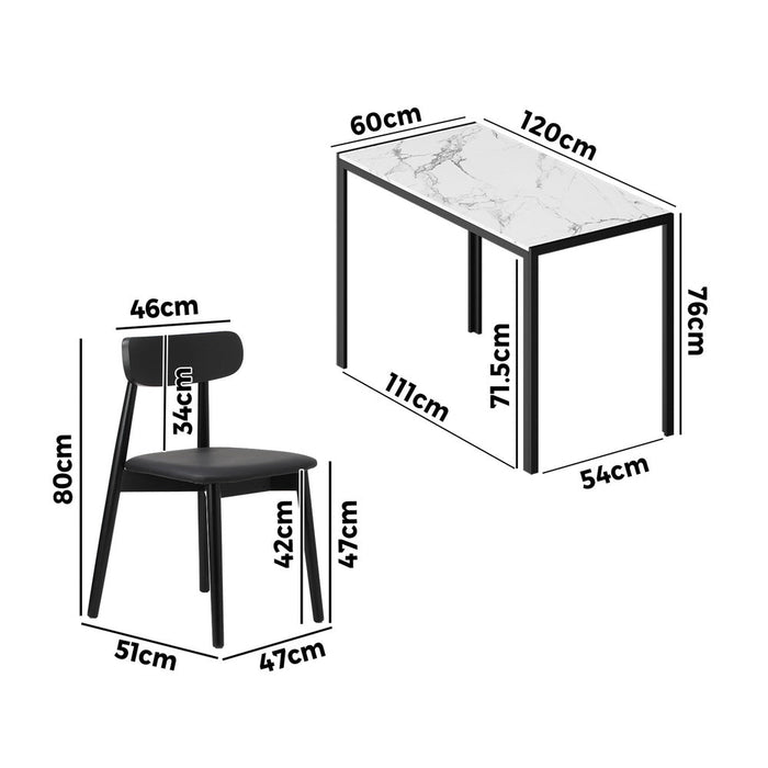Kiara 5 Piece Slimline Retro Marble Style Dining Set | Premium PU Leather Dining Chairs and 120cm Table Set