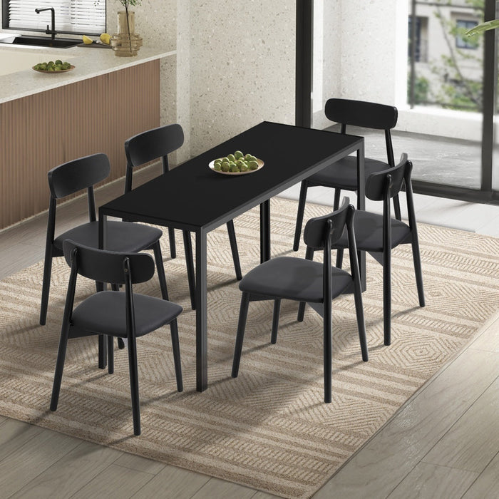 Kiara 7 Piece Slimline Retro All Black Dining Set | Premium PU Leather Dining Chairs and 140cm Table Set