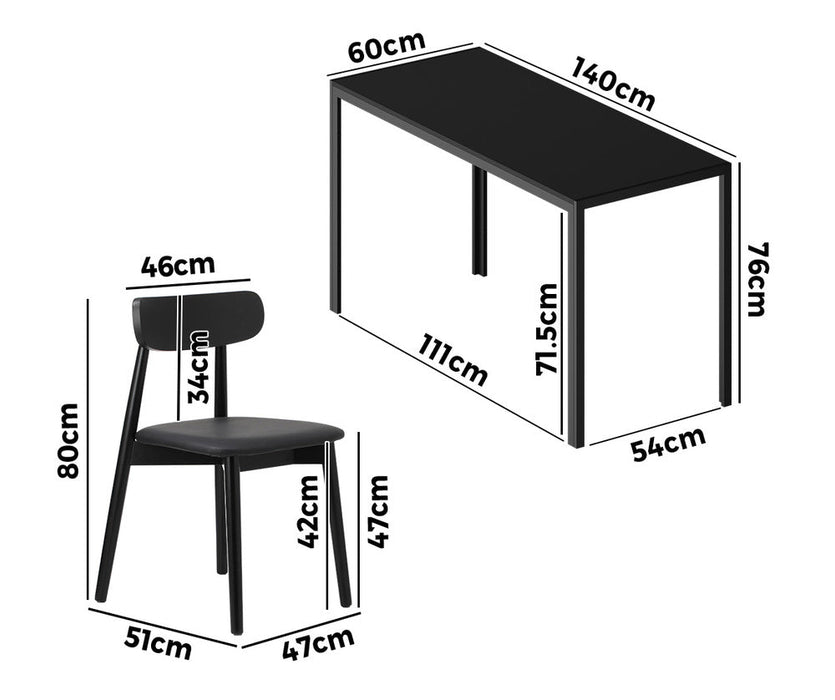 Kiara 7 Piece Slimline Retro All Black Dining Set | Premium PU Leather Dining Chairs and 140cm Table Set