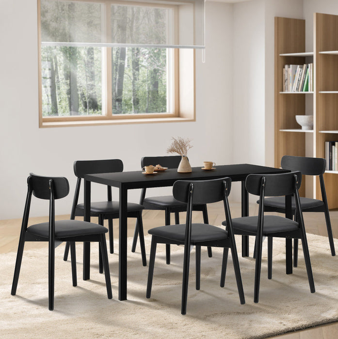 Kiara 7 Piece Slimline Retro All Black Dining Set | Premium PU Leather Dining Chairs and 140cm Table Set