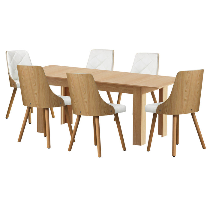 Palermo 160-200cm Extendable Dining Table Set | 7 Piece Premium Dining Table and White Padded Chairs Package