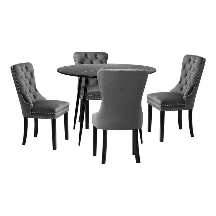 Amelia Nero Plush 5pc Dining Table Set | Modern Dining Marble Style Top |Table and Elegant Dining Chairs