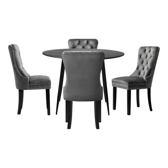 Amelia Nero Plush 5pc Dining Table Set | Modern Dining Marble Style Top |Table and Elegant Dining Chairs