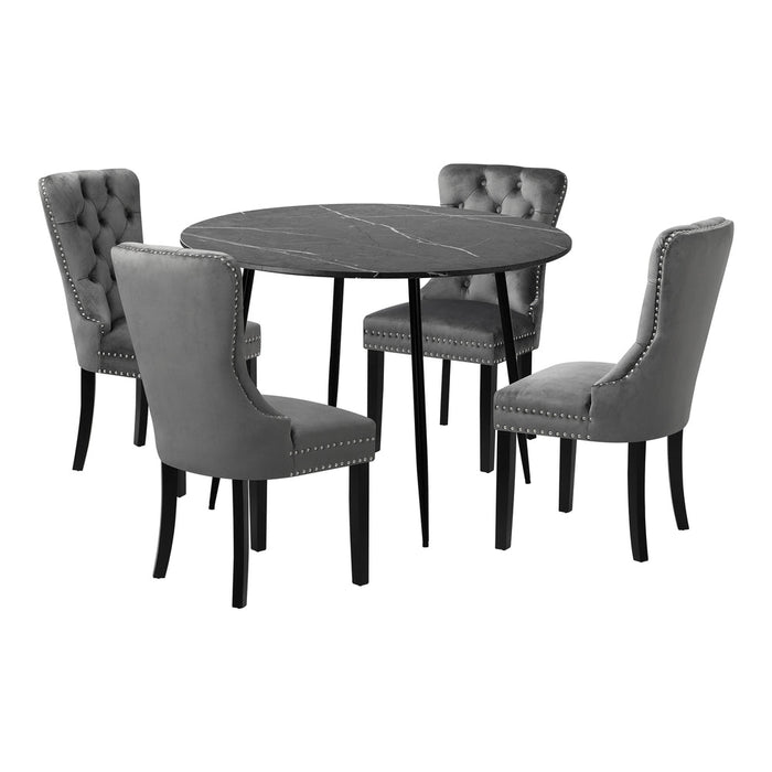Amelia Nero Plush 5pc Dining Table Set | Modern Dining Marble Style Top |Table and Elegant Dining Chairs