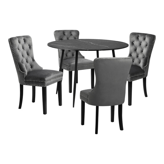 Amelia Nero Plush 5pc Dining Table Set | Modern Dining Marble Style Top |Table and Elegant Dining Chairs
