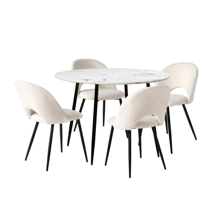Teddy Milo Boucle 5pc Dining Table Set | Premium Modern Dining Table Marble Style Top and White Boucle Chairs