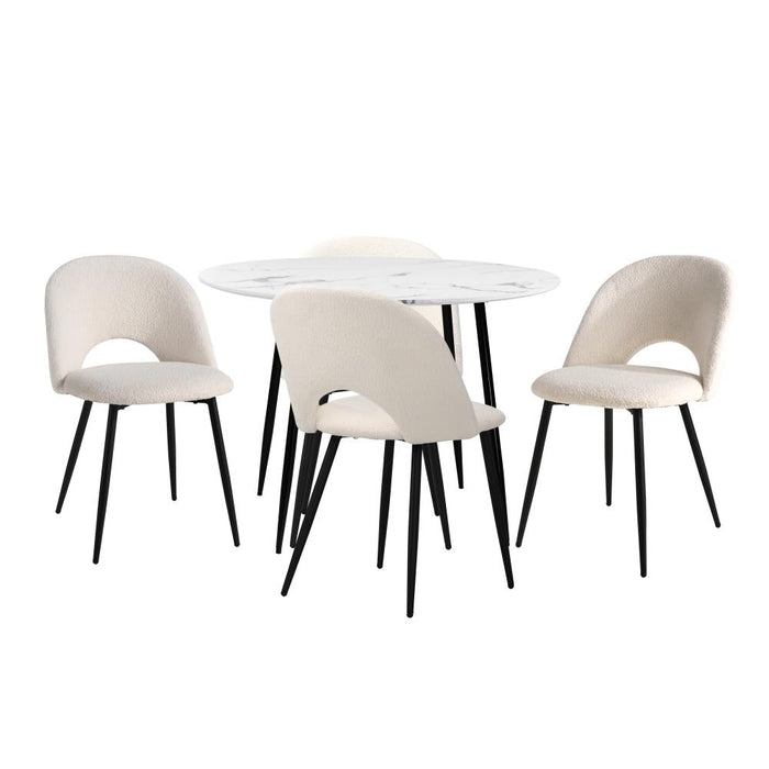 Teddy Milo Boucle 5pc Dining Table Set | Premium Modern Dining Table Marble Style Top and White Boucle Chairs