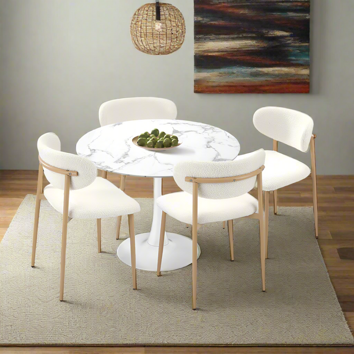 Milo Gold Boucle 90cm Round Dining Table Set | 5 Seater Modern Dining Table Marble Style Top and Boucle Dining Chairs