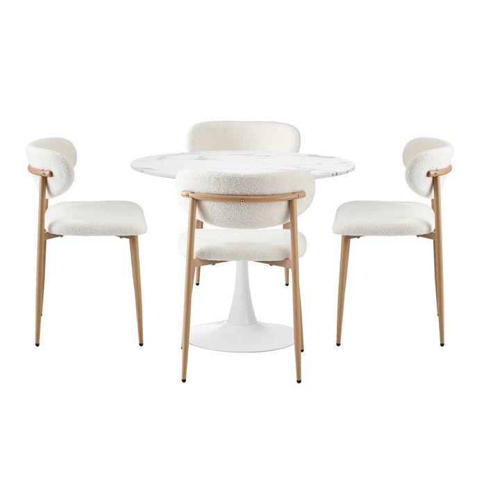 Milo Gold Boucle 90cm Round Dining Table Set | 5 Seater Modern Dining Table Marble Style Top and Boucle Dining Chairs