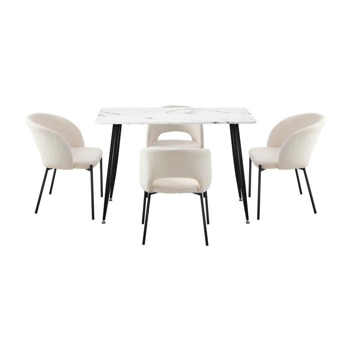 Peruzzi Boucle Luxe Dining Table Set | 5-7 Seater Premium Modern Dining Table Marble Style Top and Boucle Dining Chairs