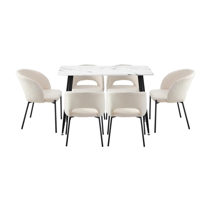 Peruzzi Boucle Luxe Dining Table Set | 5-7 Seater Premium Modern Dining Table Marble Style Top and Boucle Dining Chairs