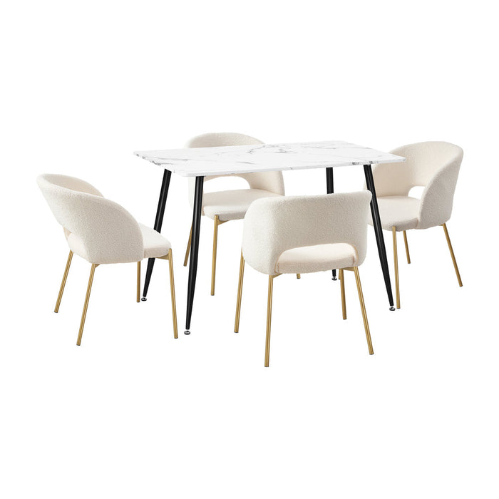 Duomo Boucle Gold Luxe Dining Table Set | 5-7 Seater Premium Modern Dining Table Marble Style Top and Boucle White Dining Chairs