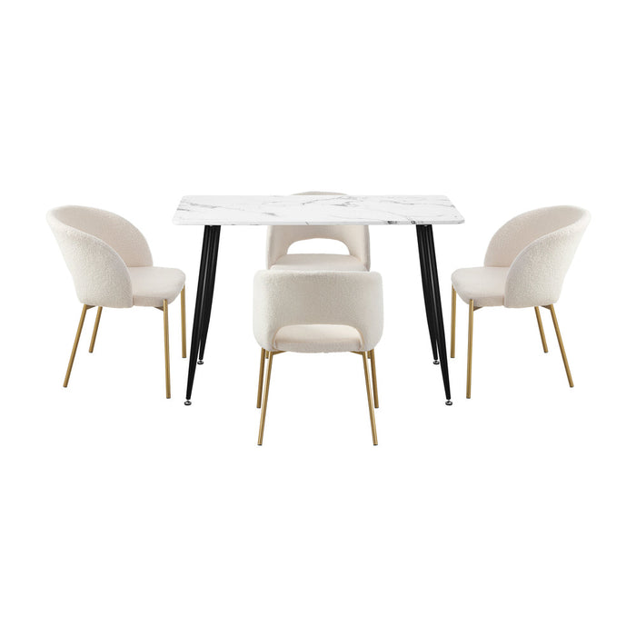 Duomo Boucle Gold Luxe Dining Table Set | 5-7 Seater Premium Modern Dining Table Marble Style Top and Boucle White Dining Chairs