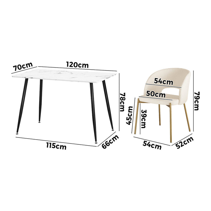 Duomo Boucle Gold Luxe Dining Table Set | 5-7 Seater Premium Modern Dining Table Marble Style Top and Boucle White Dining Chairs