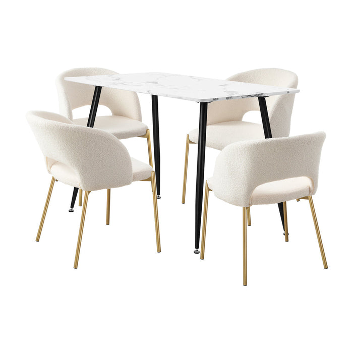 Duomo Boucle Gold Luxe Dining Table Set | 5-7 Seater Premium Modern Dining Table Marble Style Top and Boucle White Dining Chairs