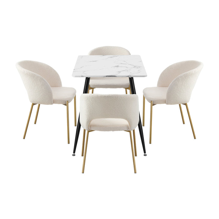 Duomo Boucle Gold Luxe Dining Table Set | 5-7 Seater Premium Modern Dining Table Marble Style Top and Boucle White Dining Chairs
