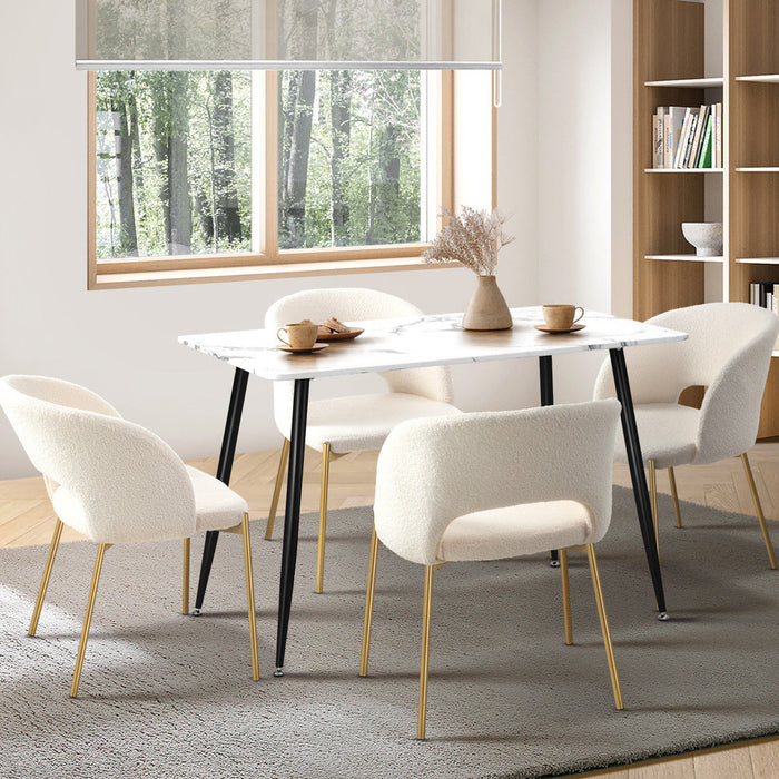 Duomo Boucle Gold Luxe Dining Table Set | 5-7 Seater Premium Modern Dining Table Marble Style Top and Boucle White Dining Chairs