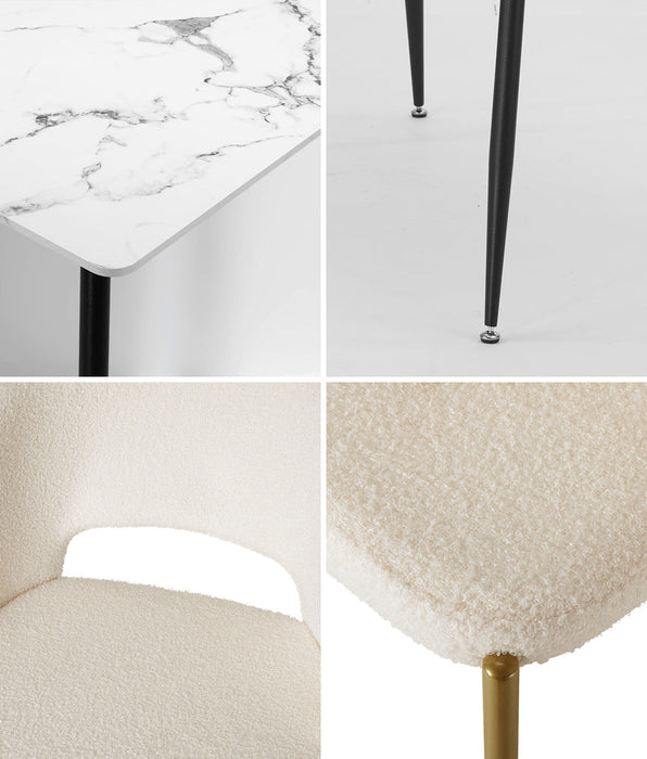 Duomo Boucle Gold Luxe Dining Table Set | 5-7 Seater Premium Modern Dining Table Marble Style Top and Boucle White Dining Chairs