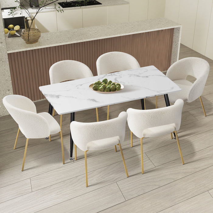 Duomo Boucle Gold Luxe Dining Table Set | 5-7 Seater Premium Modern Dining Table Marble Style Top and Boucle White Dining Chairs