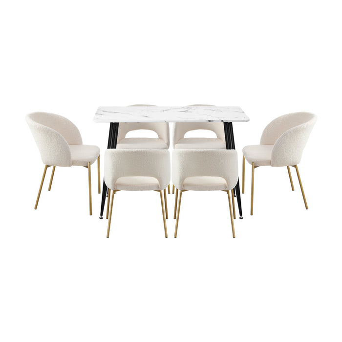 Duomo Boucle Gold Luxe Dining Table Set | 5-7 Seater Premium Modern Dining Table Marble Style Top and Boucle White Dining Chairs