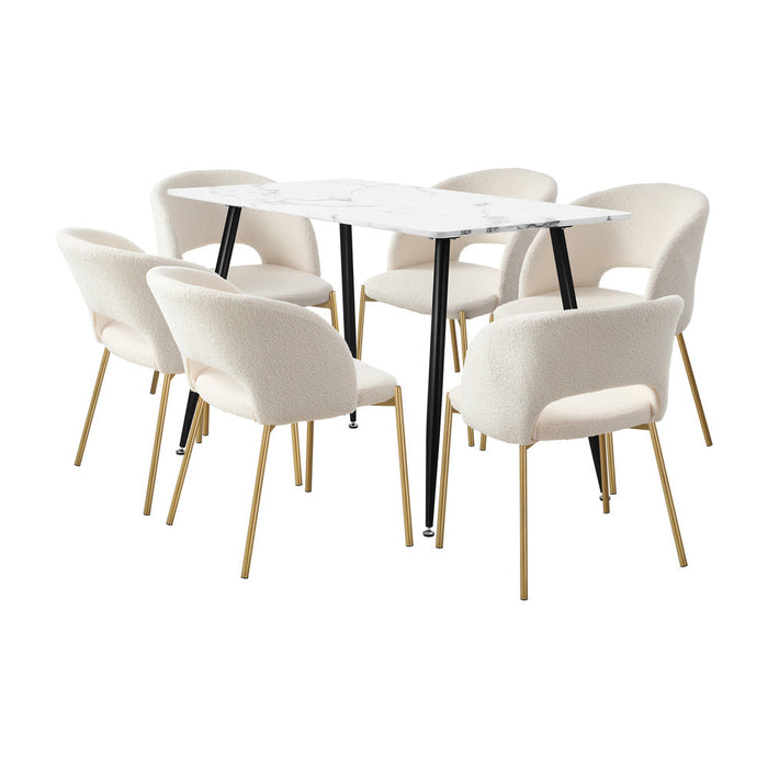 Duomo Boucle Gold Luxe Dining Table Set | 5-7 Seater Premium Modern Dining Table Marble Style Top and Boucle White Dining Chairs