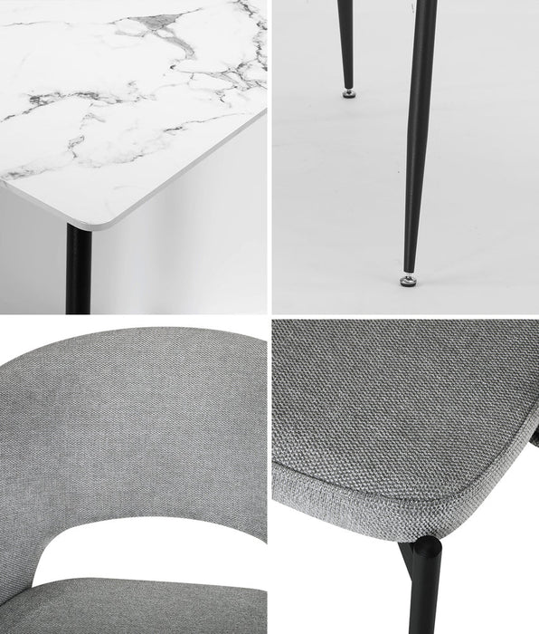 Teddy Millie Luxe Grey Fabric Dining Table Set | 5-7 Seater Premium Modern Dining Table Marble Style Top