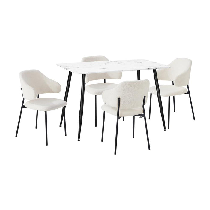 Marucio Boucle Luxe Dining Table Set | 5-7 Seater Premium Modern Dining Table Marble Style Top and Boucle Dining Chairs