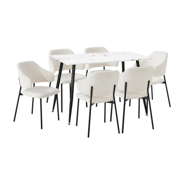 Marucio Boucle Luxe Dining Table Set | 5-7 Seater Premium Modern Dining Table Marble Style Top and Boucle Dining Chairs