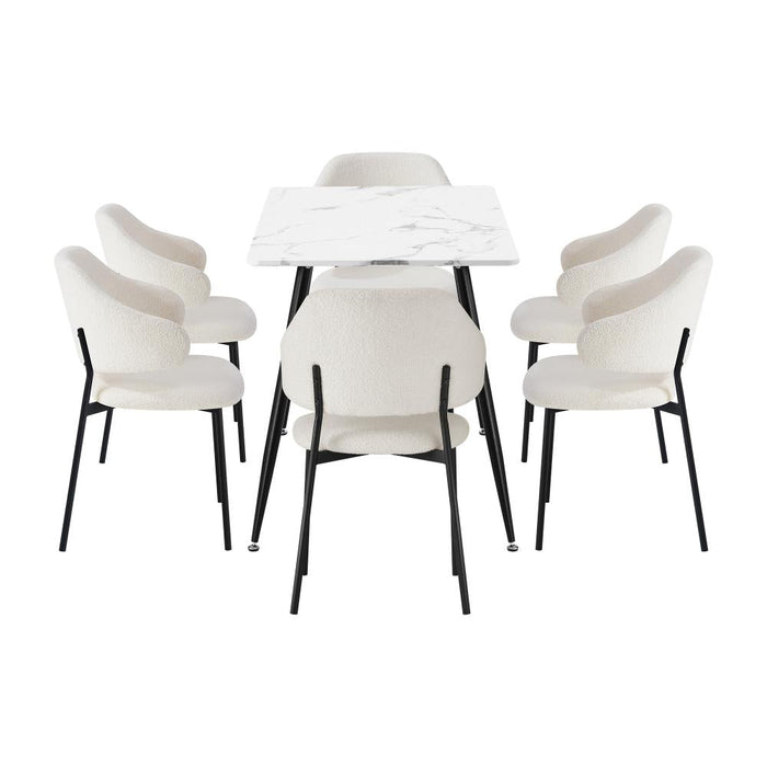 Marucio Boucle Luxe Dining Table Set | 5-7 Seater Premium Modern Dining Table Marble Style Top and Boucle Dining Chairs