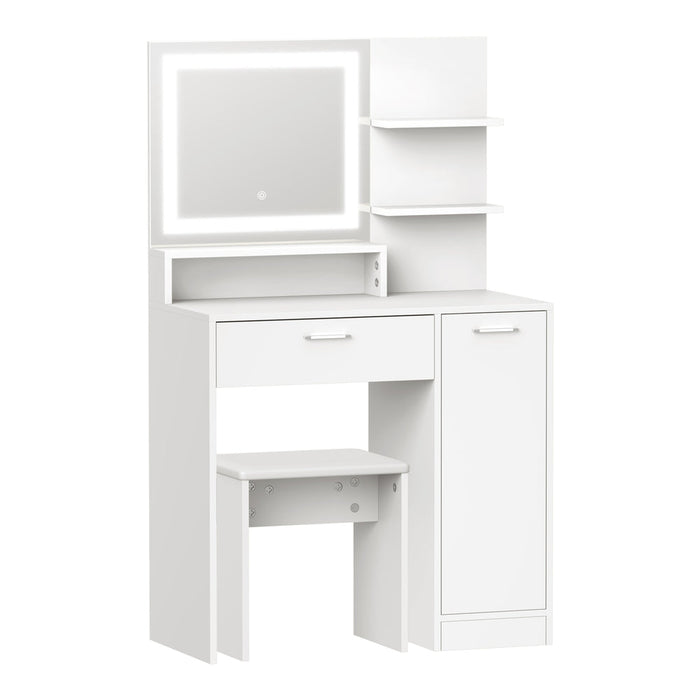 Amoure Hollywood Dressing Table and Stool Set | LED Strip Mirror Storage Makeup Desk Cabinet