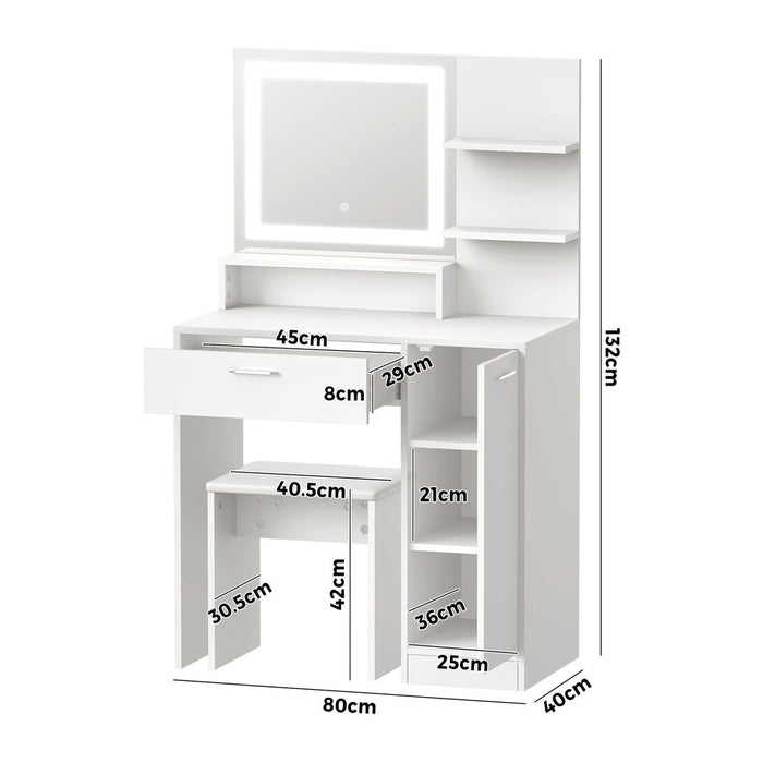 Amoure Hollywood Dressing Table and Stool Set | LED Strip Mirror Storage Makeup Desk Cabinet