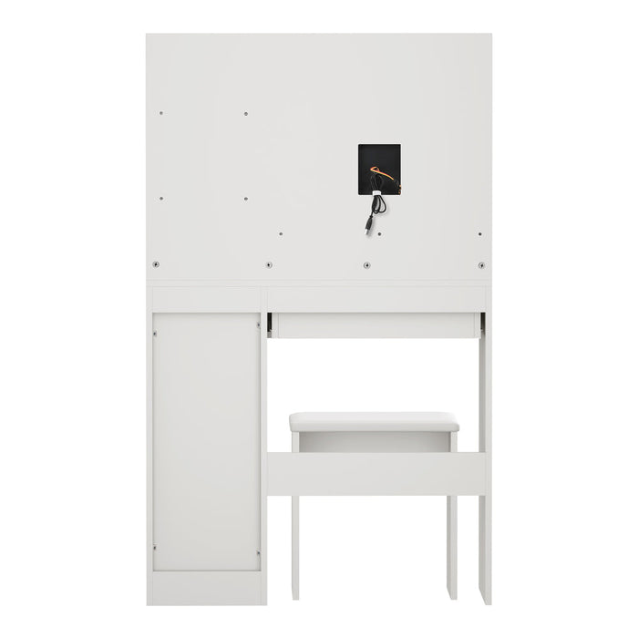 Amoure Hollywood Dressing Table and Stool Set | LED Strip Mirror Storage Makeup Desk Cabinet