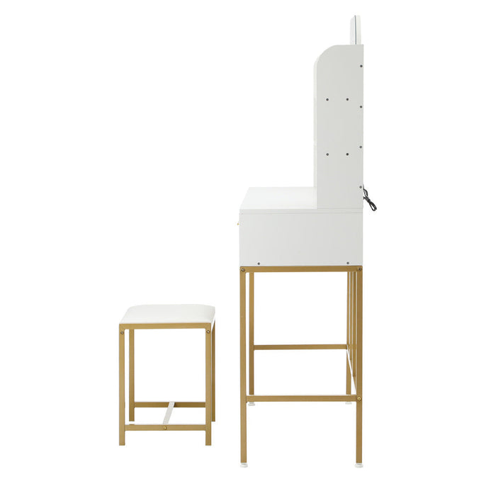 Glamz Gold Hollywood Dressing Table & Stool Set | LED Mirror Storage Makeup Desk Cabinet