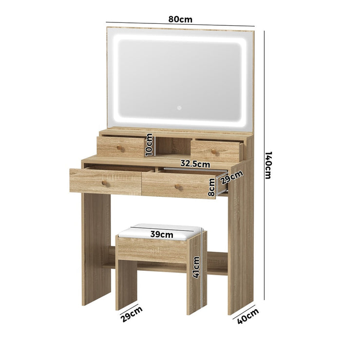 Princess Mila Hollywood Dressing Table Stool Set | LED Strip Mirror Storage Makeup Desk Cabinet