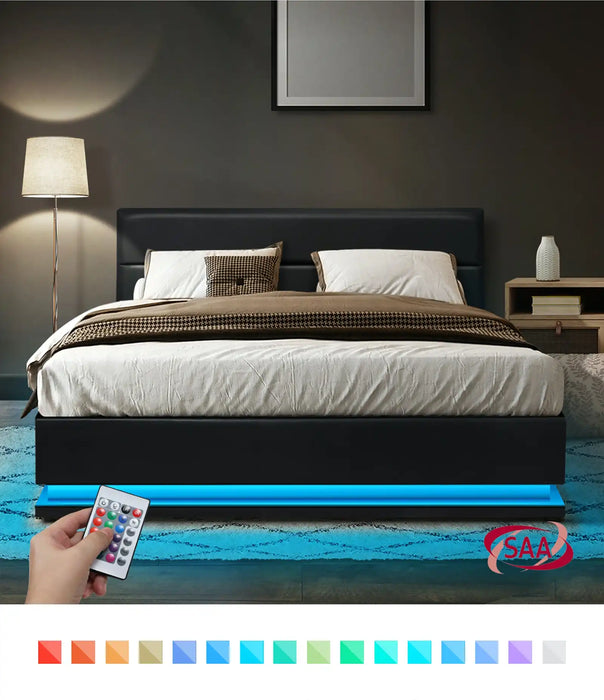Carlo Supreme PU Leather LED Bed Frame | Black PU Leather Gas Lift Storage Bed