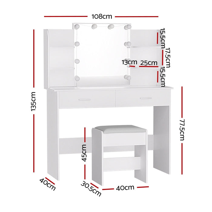 Starque LED Mirror Dressing Table and Makeup Stool Set | 10 Light Hollywood Mirror Makeup and Storage Unit