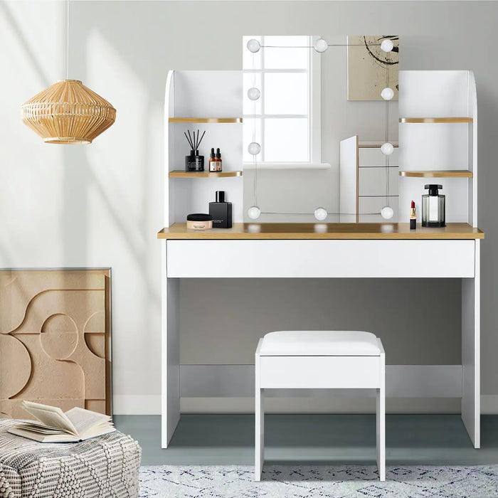 Glamz Hollywood Dressing Table & Stool Set | LED Bulbs Mirror Storage Makeup Desk Cabinet