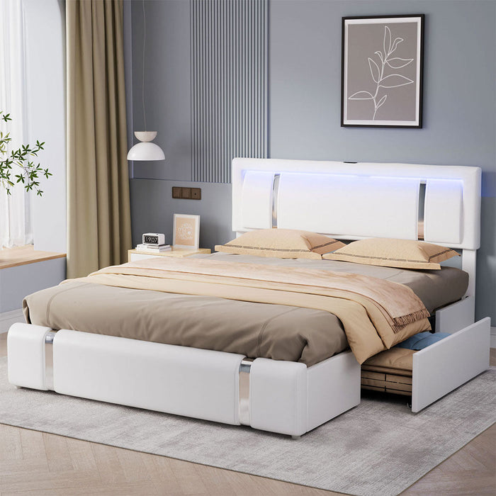 Aria Luxury LED PU Leather 2 Draw Storage Bed with USB | Adjustable Headboard Soft Padded Bed Frame