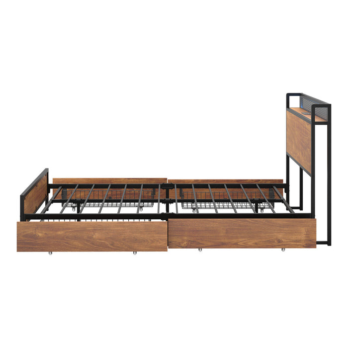 Duomo Wood Metal LED Lights Storage Bed | Multi Functional Storage LED and USB Charging Bed Frame
