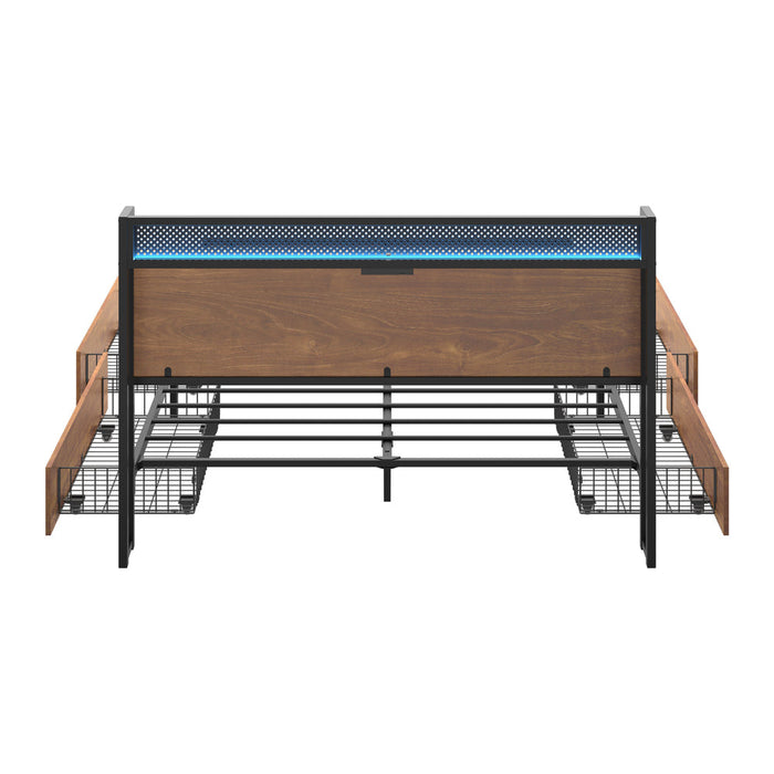 Duomo Wood Metal LED Lights Storage Bed | Multi Functional Storage LED and USB Charging Bed Frame